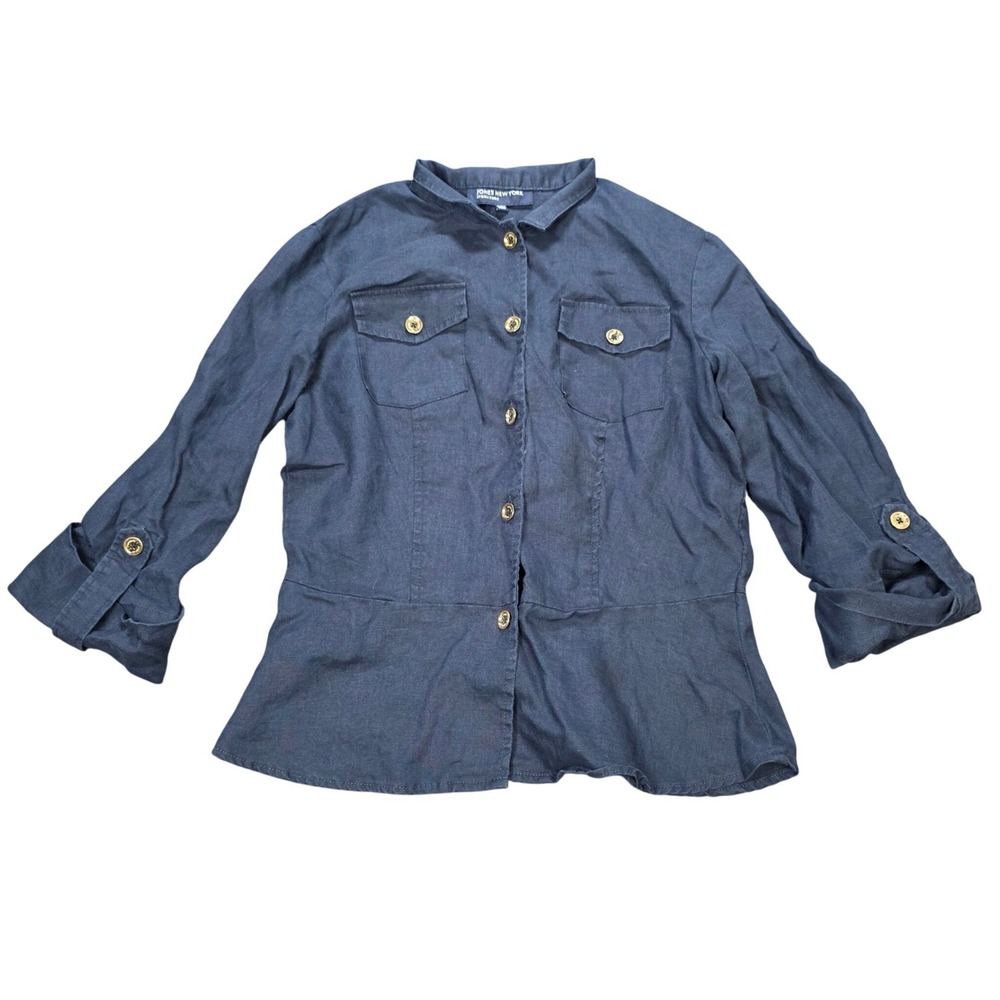 Jones New York Signature 100% Linen Peplum Button Up Shirt Women's Size S Navy